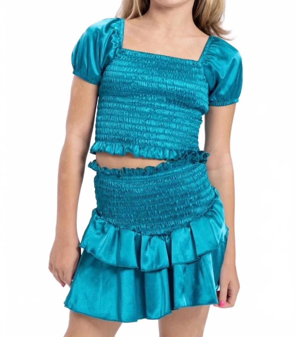 NEW CHERYL CREATIONS kid's amber smocked ruffle skirt in turquoise blue